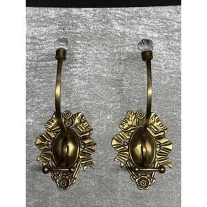 Pair of Vintage brass coat hooks with Glass knob Curtain tie back EUC 11”Hx4”W